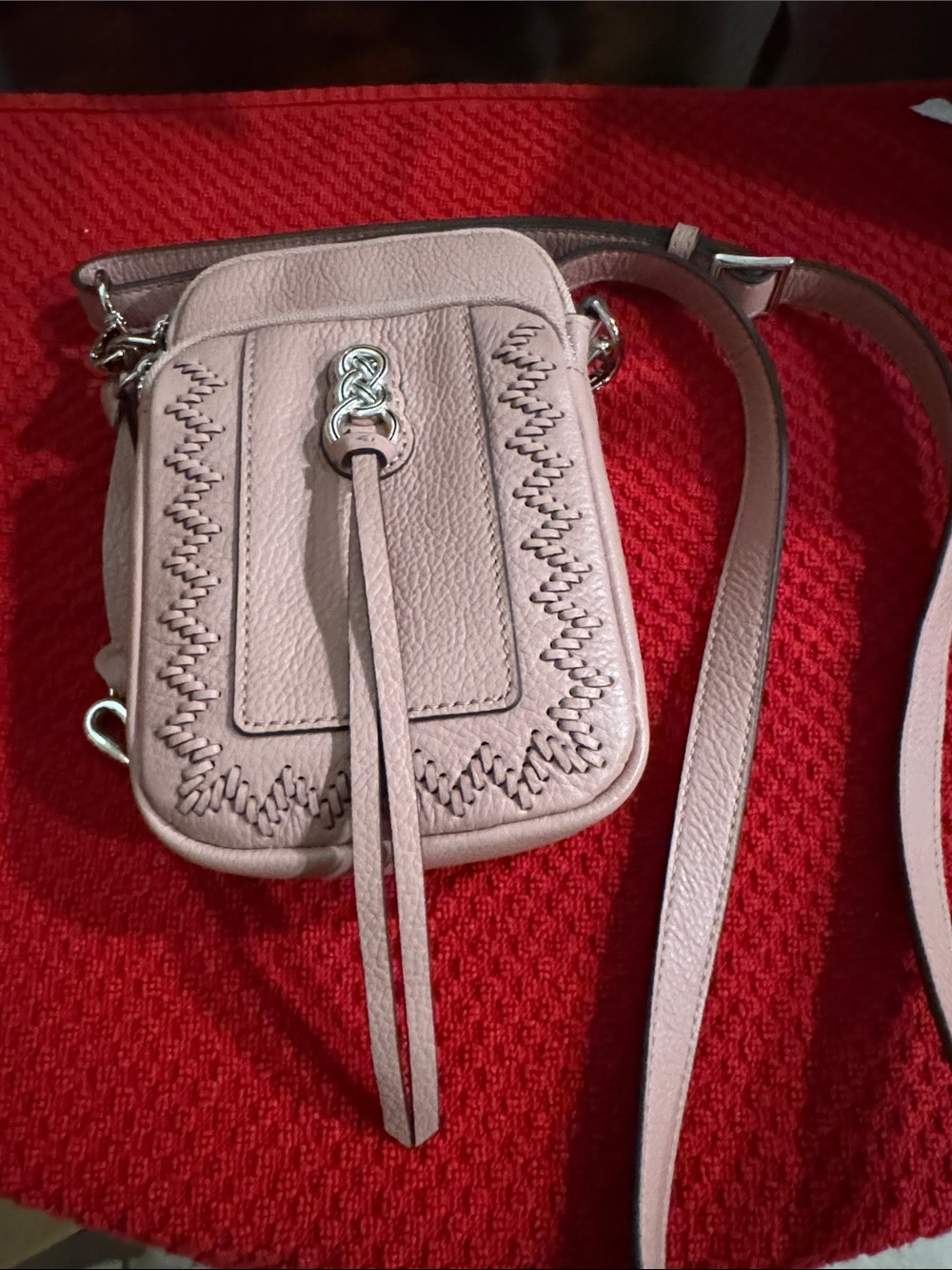 Blush Pink Leather Crossbody Phone Bag with Stitch Detail
